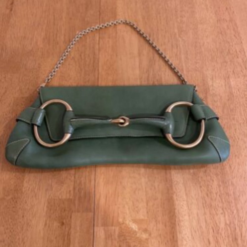 Gucci Green Calf Skin Horsebit Chain Clutch Bag *Authentic*